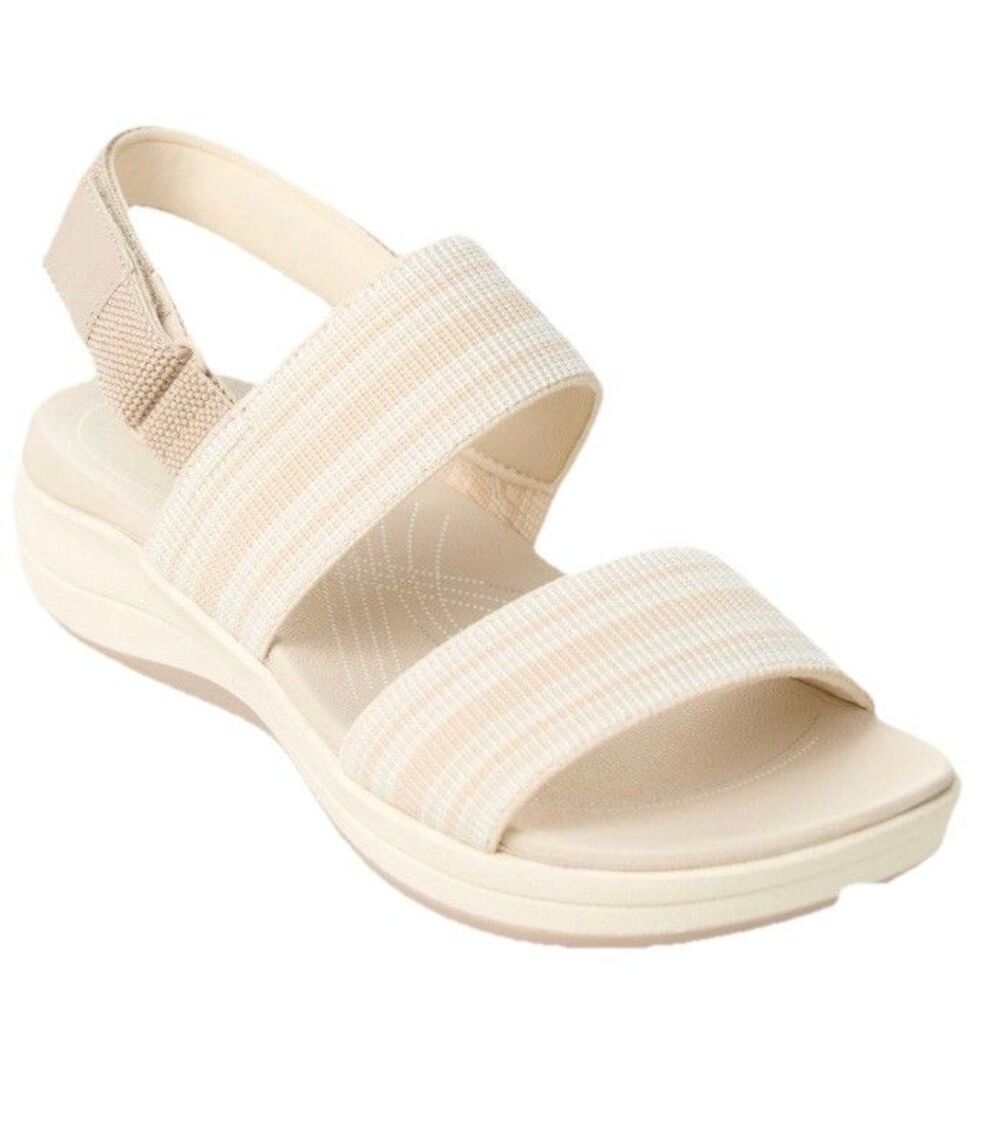 Easy Spirit Strappy Sandal Hook & Loop Beige Striped Wedge Women Size 8W